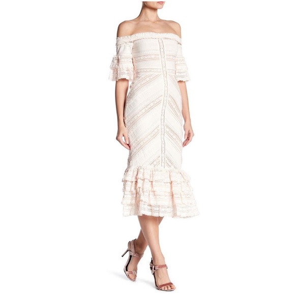 CINQ A SEPT Naya Ivory Lace off the shoulder Fitted Layered Ruffle Dress Size 10 - Picture 11 of 13